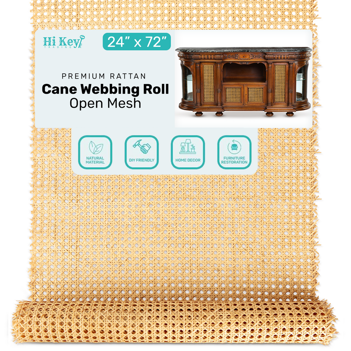 24" Wide Open Mesh Rattan Cane Webbing Roll 24" x 72"